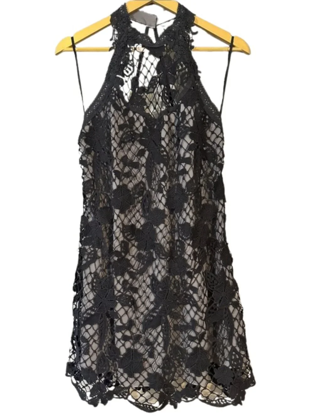 Free People Black Crochet Lace Mini Dress Size Small Sheer Boho Festival Dress